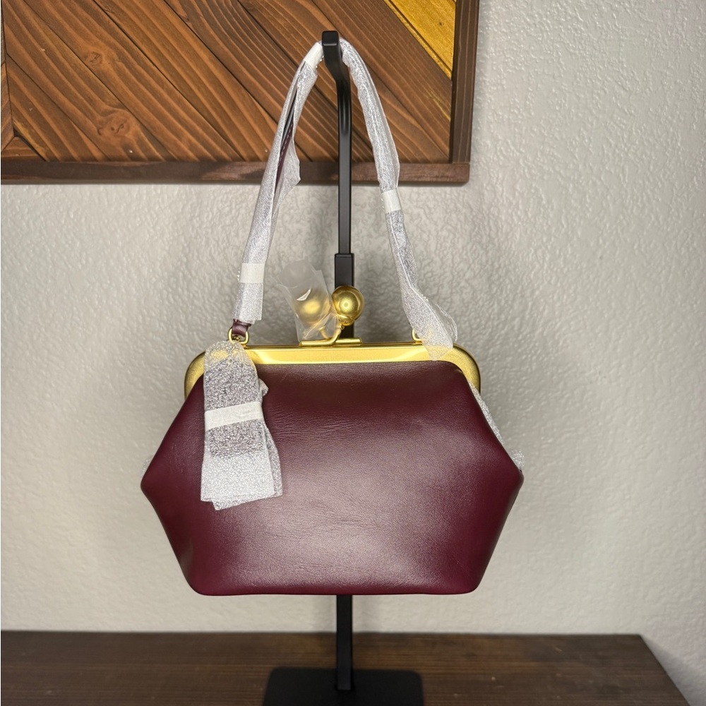 Coach Kisslock Frame Bag 16 in Brass/Black Currant Glovetanned Leather NWT - Picture 2 of 6